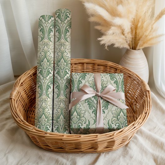 Green and Beige Vintage Botanical Flowers Pattern ラッピングペーパー