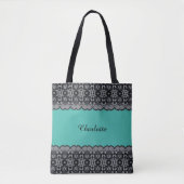 Green and Black Canvas Bag with Lace Effect トートバッグ (正面)