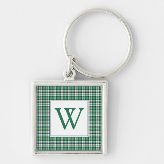 Green and Black Tartan Plaid Monogram キーホルダー (正面)