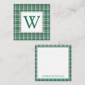 Green and Black Tartan Plaid Monogram ノートカード (正面/裏面)