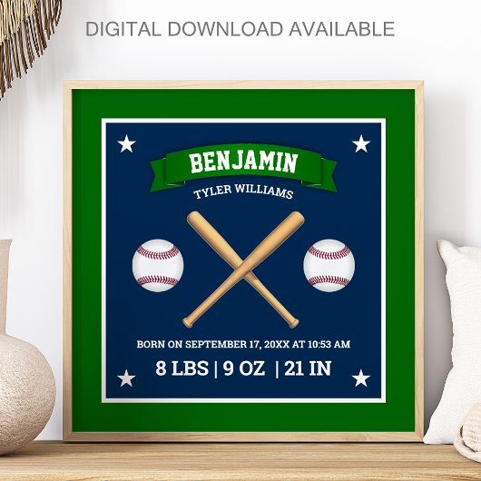 Green and Blue Baseball Bats and Balls Birth Stats ポスター