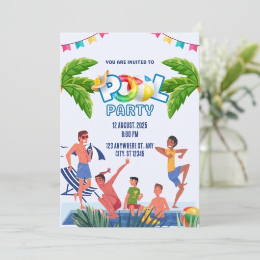 Green and Blue Illustrative Pool Party 招待状 (スタンド正面)