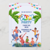 Green and Blue Illustrative Pool Party 招待状 (正面/裏面)