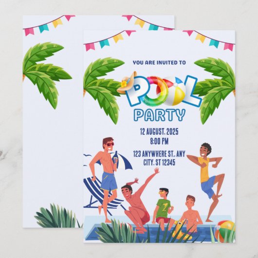 Green and Blue Illustrative Pool Party 招待状 (正面/裏面)