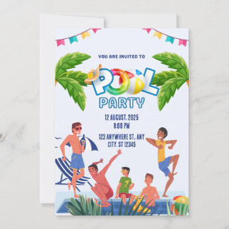 Green and Blue Illustrative Pool Party 招待状