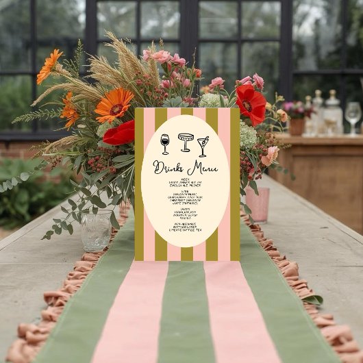 Green and Blush Pink Striped “Drinks Menu” Wedding ポスター