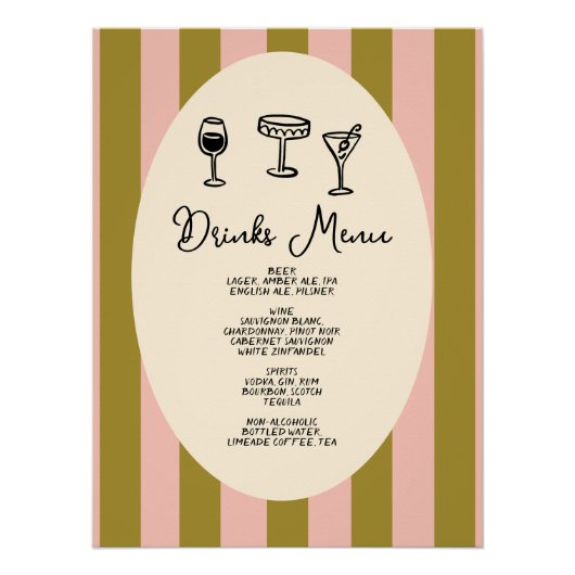 Green and Blush Pink Striped “Drinks Menu” Wedding ポスター (正面)