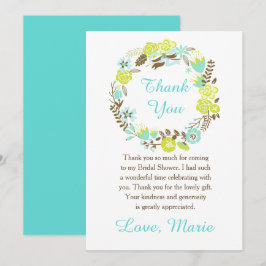 Green and Brown Floral Wreath Bridal Shower サンキューカード