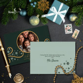 Green and Faux Gold Snowflake Holiday Photo Card カード