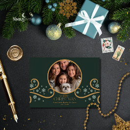 Green and Faux Gold Snowflake Holiday Photo Card カード