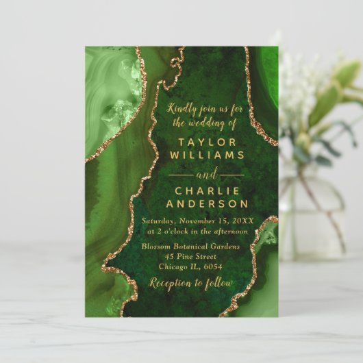 Green and Gold Agate Marble Wedding 招待状 (スタンド正面)