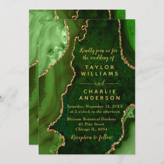 Green and Gold Agate Marble Wedding 招待状 (正面/裏面)