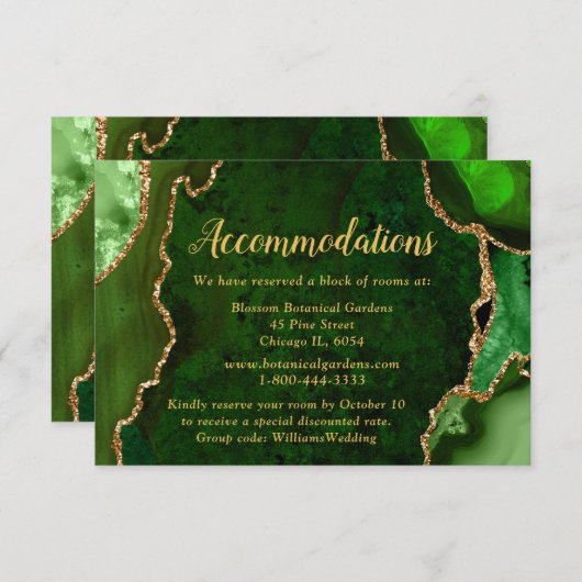 Green and Gold Agate Wedding Accommodations エンクロージャーカード (正面/裏面)