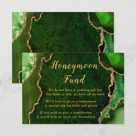 Green and Gold Agate Wedding Honeymoon Fund エンクロージャーカード (正面/裏面)