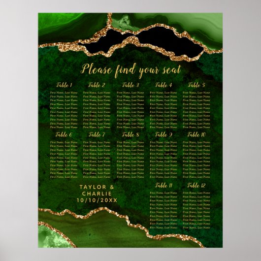 Green and Gold Agate Wedding Seating Chart ポスター (正面)