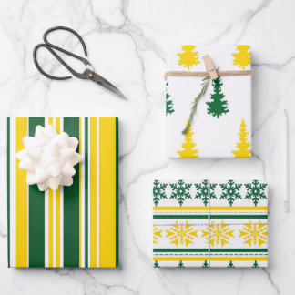 Green and Gold Christmas 3-Pack Gift Wrap ラッピングペーパーシート