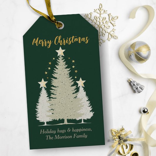 Green and Gold Christmas Tree and Stars ギフトタグ
