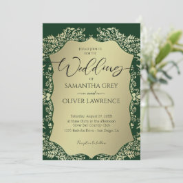 Green and Gold Damask Wedding Invitation 招待状