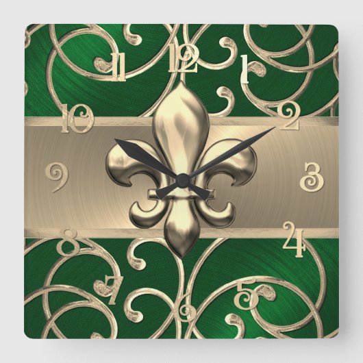 Green and Gold Filigree Swirls Fleur de Lis スクエア壁時計 (正面)