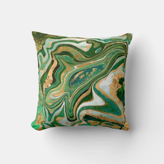 Green and gold liquid marble abstract クッション (正面)