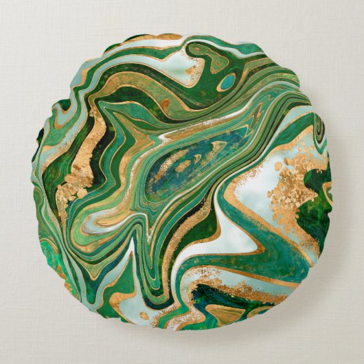 Green and gold liquid marble abstract ラウンドクッション (正面)