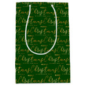 Green and Gold Merry Christmas Word Art ミディアムペーパーバッグ (正面)