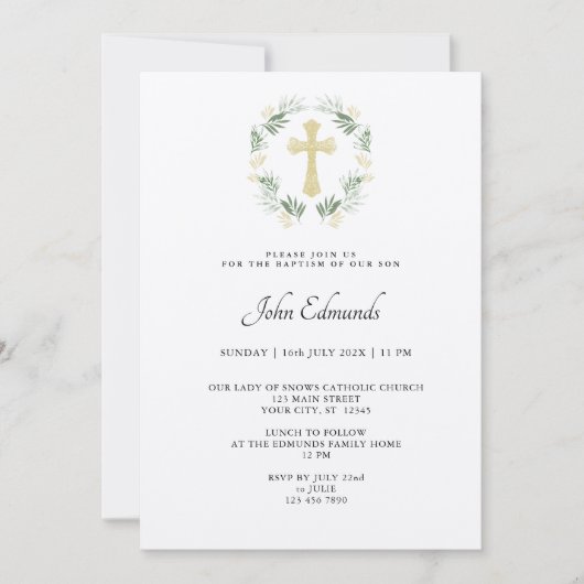 Green and Gold Minimalist Baptism Invitation 招待状 (正面)