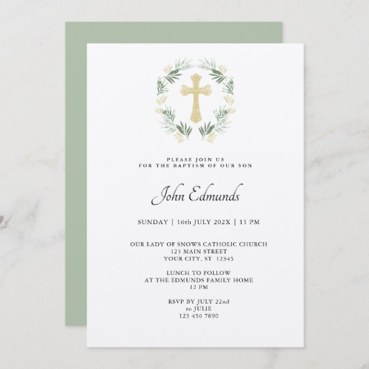 Green and Gold Minimalist Baptism Invitation 招待状 (正面/裏面)