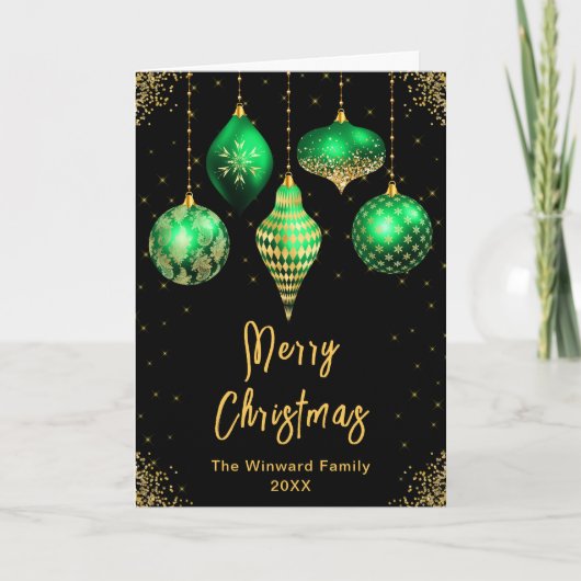 Green and Gold Ornaments Merry Christmas シーズンカード (正面)