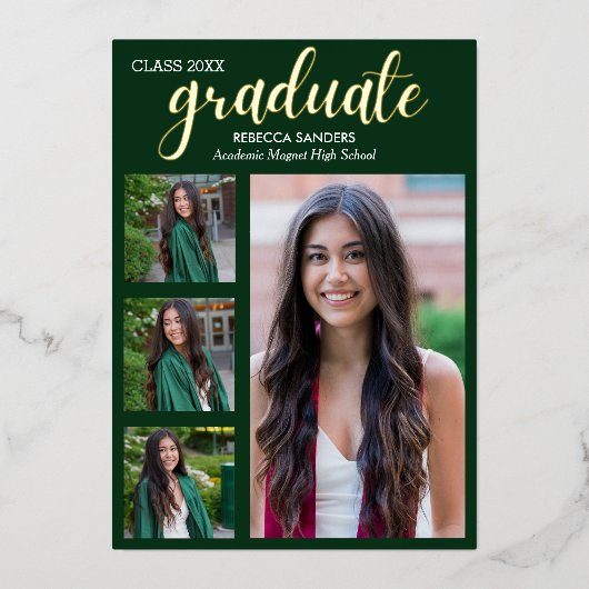 Green and Gold Script 4 Graduate Photos for Her 箔招待状 (正面)