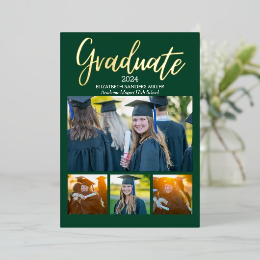 Green and Gold Script photos collage for graduated 箔招待状 (立ち正面)