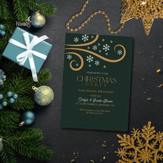 Green and Gold Snowflake Christmas Invitation 招待状
