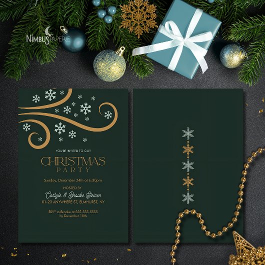 Green and Gold Snowflake Christmas Invitation 招待状