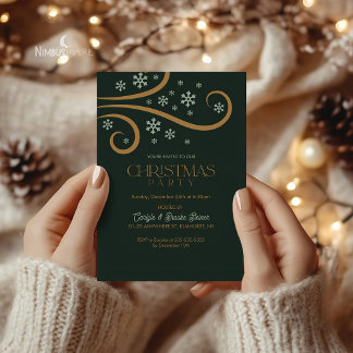 Green and Gold Snowflake Christmas Invitation 招待状