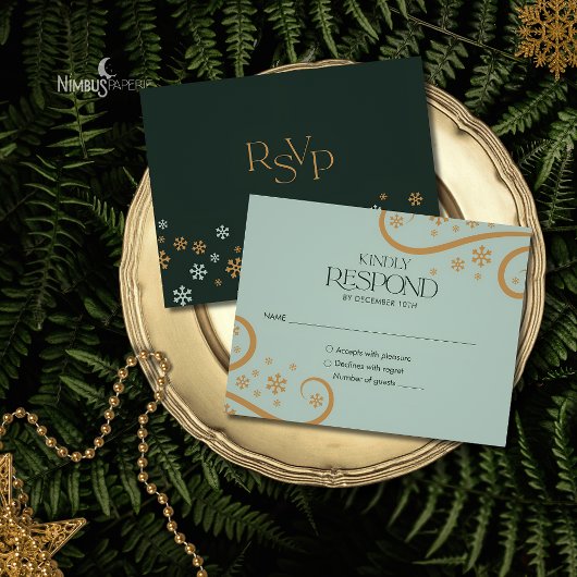 Green and Gold Snowflake Holiday RSVP Card
