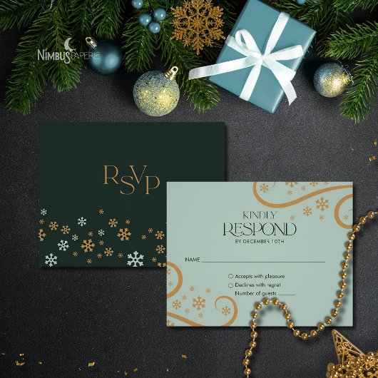 Green and Gold Snowflake Holiday RSVP Card