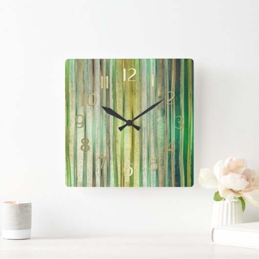 Green and Gold Stripes スクエア壁時計 (ホーム)