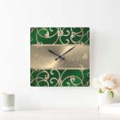 Green and Gold Time Flies Clock スクエア壁時計 (ホーム)