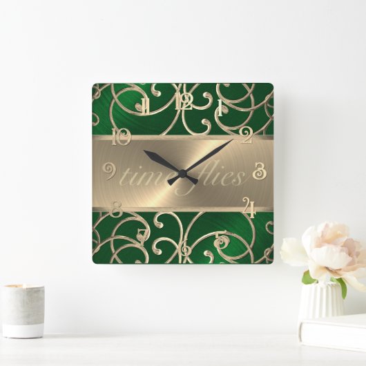Green and Gold Time Flies Clock スクエア壁時計 (ホーム)