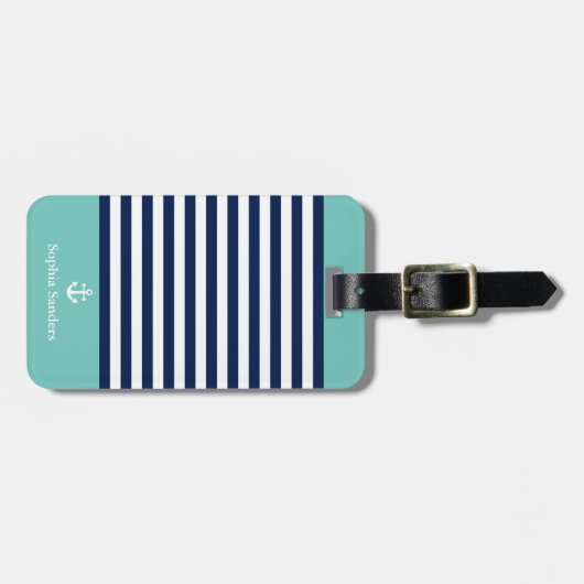 Green and Navy Blue Striped Nautical Pattern ラゲッジタグ (正面横)