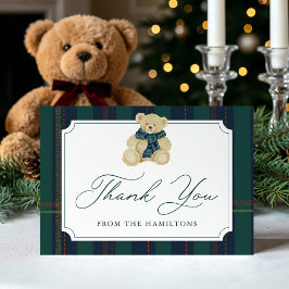 Green and Navy Plaid Teddy Bear Baby Shower サンキューカード