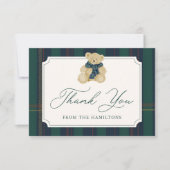 Green and Navy Plaid Teddy Bear Baby Shower サンキューカード (正面)