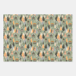 Green and Orange Fun Christmas Forest Village ラッピングペーパーシート