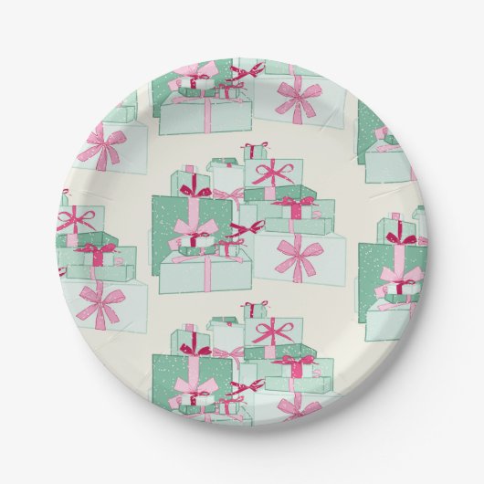 Green and Pink Stacked Christmas Presents ペーパープレート (正面)