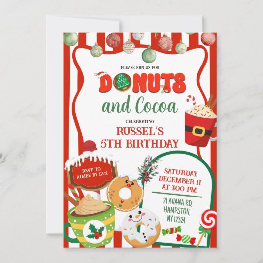 Green and Red Donuts and Cocoa Birthday Invitation 招待状 (正面)