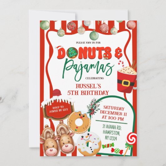 Green and Red Donuts and Pajamas Birthday 招待状 (正面)