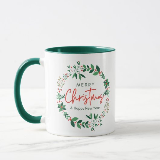 Green and Red Floral Illustration Christmas Mug マグカップ (左)