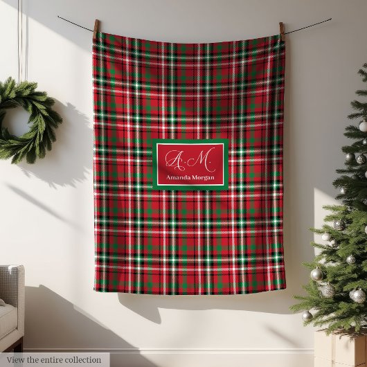Green and Red Merry Christmas Plaid Blanket Gift フリースブランケット