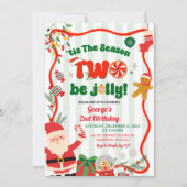 Green and Red Retro Christmas Winter 2nd Birthday 招待状 (正面)