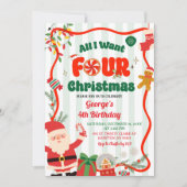 Green and Red Retro Christmas Winter 4th Birthday 招待状 (正面)